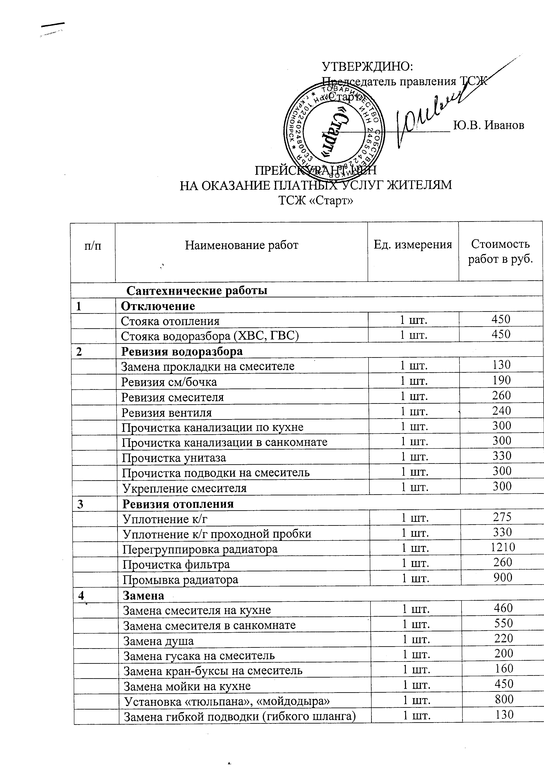 Дополнение к прейскуранту образец